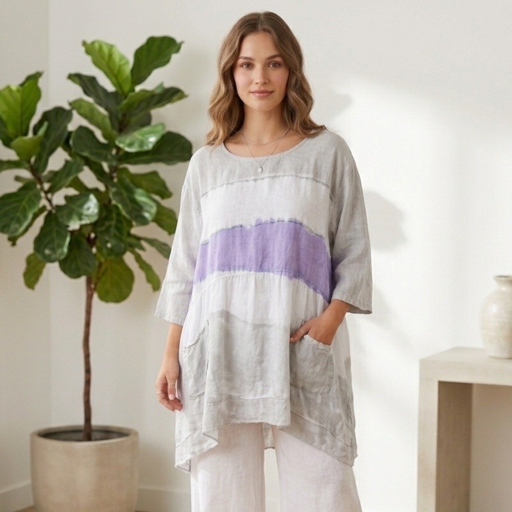 Bella Amore Italy‎ Size L XL Linen Abstract Artsy Oversized Lagenlook Top
